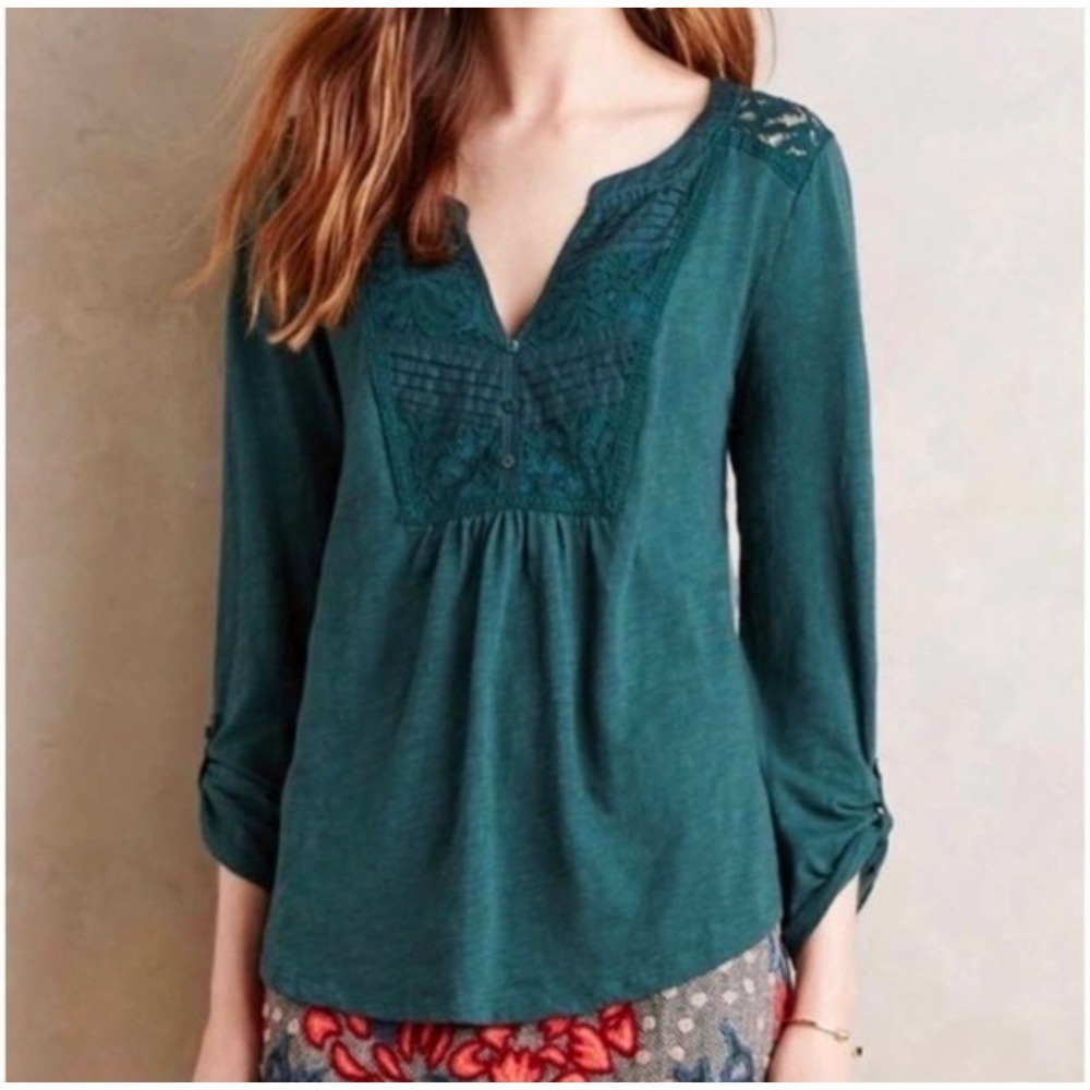 Anthropologie 3/4 Sleeve Roll Tab Top Meadow Rue Lace Sz Medium Green Pullover